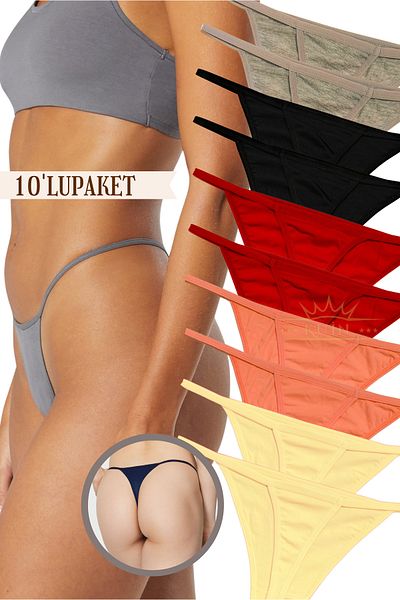 KUIN Pack of 10 Rope Strap Cotton, Lycra Combed String Thong Black Panties