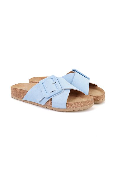 Desa Women's Blue Adjustable Buckle Suede Leather Slippers