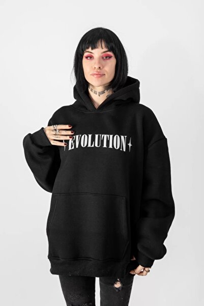 Sekizbiraltı Unisex Oversize Hooded Black Hoodie - Evolution Printed