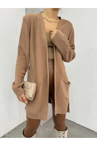 Modamorfo Solid Brass Knitted Sweater Cardigan - Lace-Up and Mink