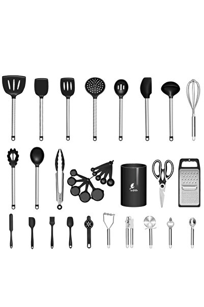 valletta Marbella Black Kitchen Set - 35 Pieces, Stainless Steel and Silicone Tip Spatula