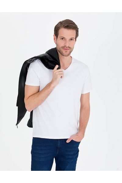 Pierre Cardin Λευκό μπλουζάκι με λεπτή εφαρμογή V-Neck Basic 50268427-vr013