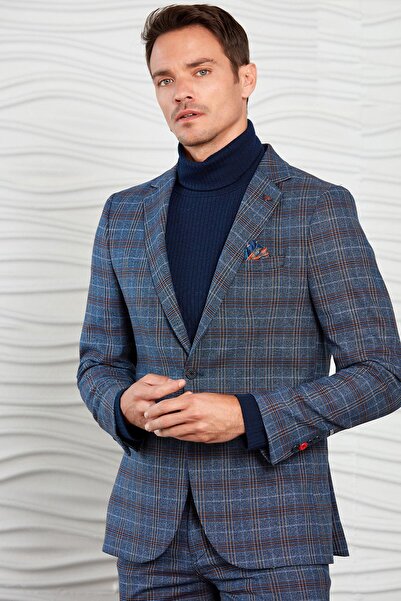 Mondo Mavi-kahverengi Ekoseli Ceket