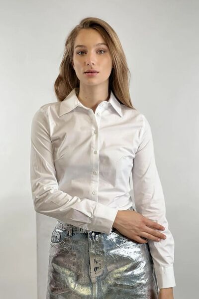 Miss Poem Жіноча сорочка з поло-комірцем, облягаючого крою, з довгими рукавами, базова, біла