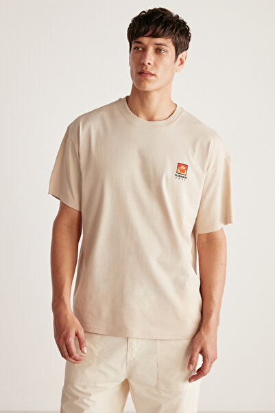 GRIMELANGE Floraıson Ανδρική λαιμόκοψη 100% βαμβάκι Oversize Μπεζ μπλουζάκι