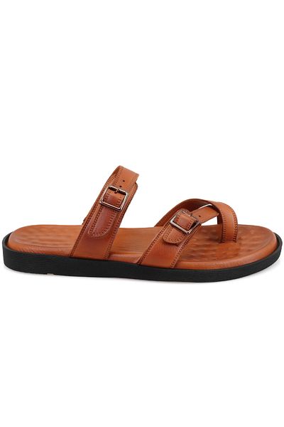 Desa Essence Tan Men's Adjustable Buckle Leather Slippers