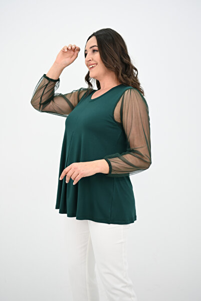 Koza Butik Γυναικεία μπλούζα με πλισέ V λαιμόκοψη με λεπτομέρειες από τούλι 1857-25