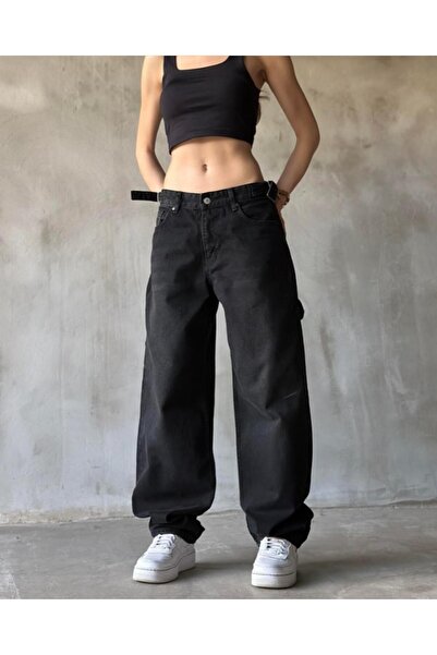 Asia Black Side Buckle Baggy Palozzo Jeans