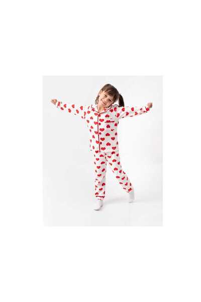 TİJK Baby Girls & Kids Cotton Heart Patterned Buttoned Front Soft Pajamas Set
