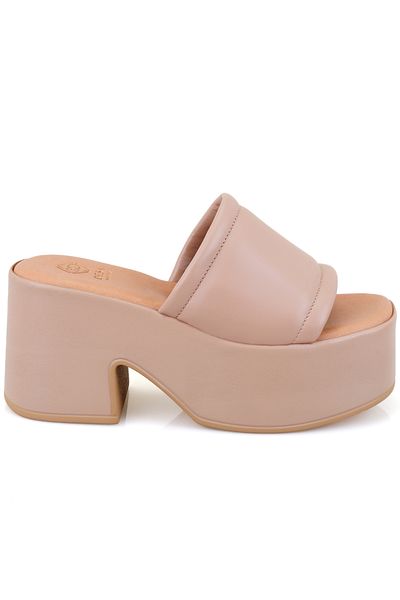 Desa Women's Pink Thick Heeled Leather Slippers