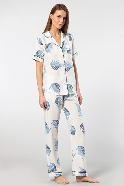 TÜREN Women's 3604/Ecru Patterned Short Sleeve Woven Pajama Set