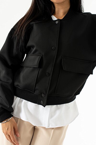 Seniorah Black Diver Fabric Double Pocket Bomber Jacket