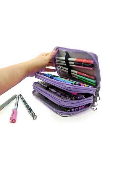 Limmy Pencil Case Girl with Guitar Music Kawai Organizer Pencil Case Vegan Leather Three Compartment Pen Holder -Purple