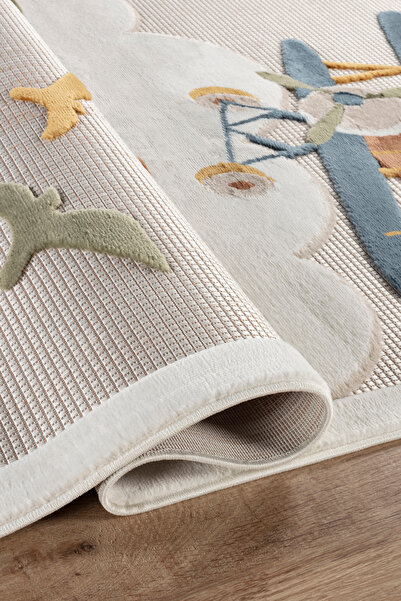 ESSENSE Halı Yumuşak  Pamuk Dokulu Uçak Figürlü Çocuk Odası Antibakteriyel Bebek Halısı