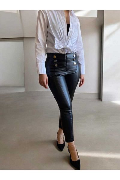 BEBE PLUS Button Detailed Leather Pants/Leggings