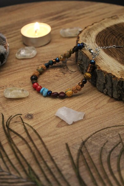 Balzamin Design Handmade Clip-On Steel Bracelet Made from Agate, Jasper, Coral, Turquoise, Hematite, and Rudraksha Natural Stones