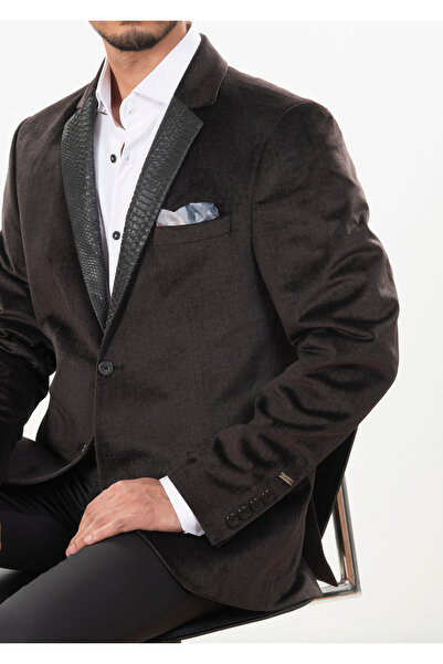 Mondo Yakası PU Deri Desenli Siyah Ceket