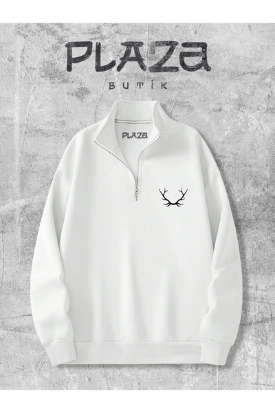 Plaza Butik Унисекс суитшърт с щампа и половин цип