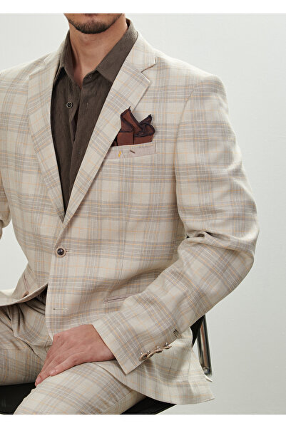 Mondo Keten Karışımı Ekoseli Krem Pantolon