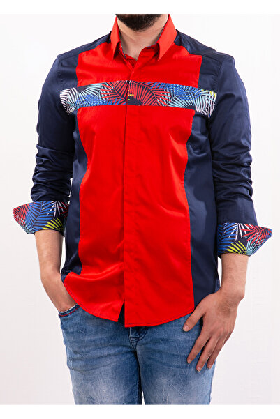 Mondo Lacivert-Kırmızı Tropik Desenli Gömlek