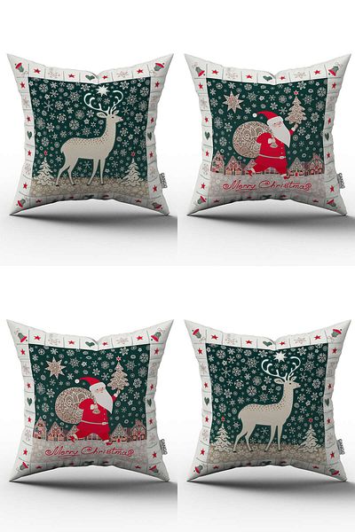 Cango Home Red Green New Year Themed Set of 4 Throw Pillow Cases St-4Kmbs143