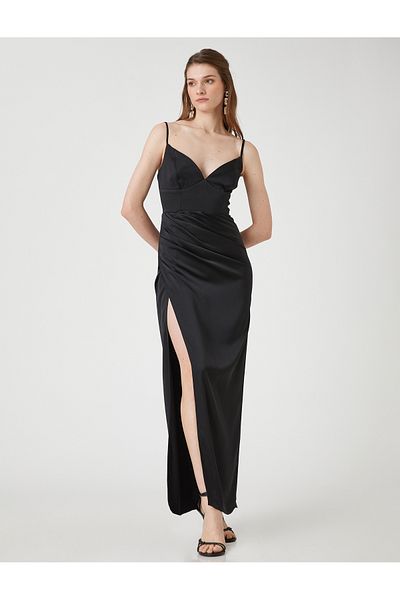 Koton Satin Evening Dress Strap Draped Slit