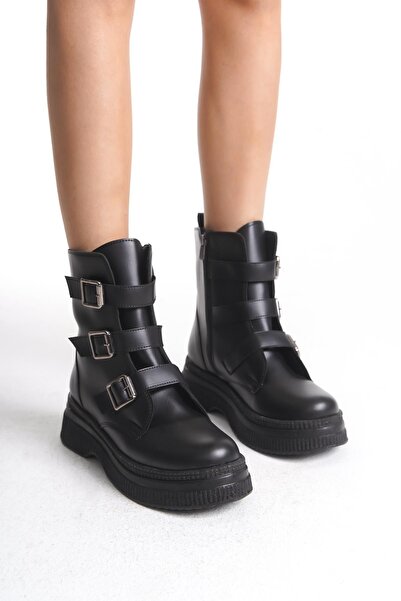 CZ London Kadın Kalın Tabanlı Bot Dekoratif Kemer Detaylı Fermuarlı Günlük Kadın Bot