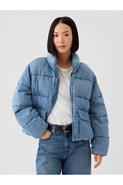 GAP Kadın Açık Mavi Oversize Denim Puffer Şişme Ceket