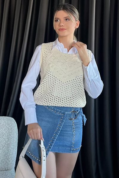 GÜLSELİ Stone Women's Crew Neck Openwork Embossed Pattern Knitwear Sweater
