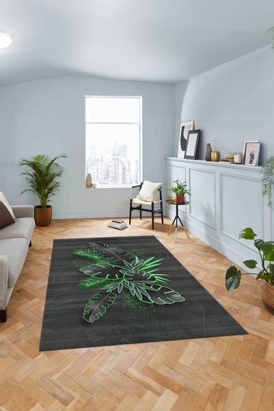 Viyana Home Modern Dijital Kaymaz Taban Yaprak Desenli Yıkanabilir Yolluk Mut...