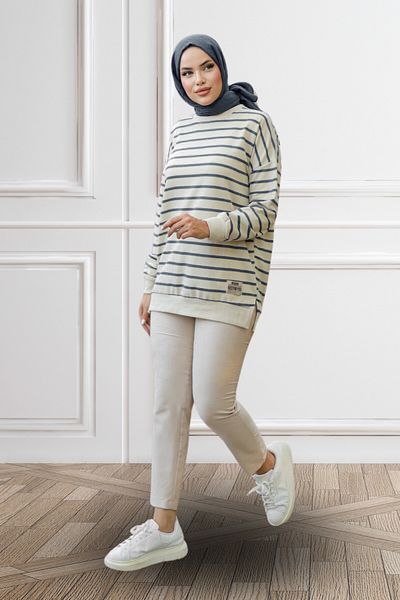 LumiDress Women's Hijab Clothing Navy Blue Striped Hijab Tunic Hijab Sweatshirt