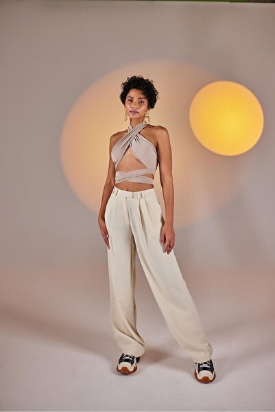 HOLLY LOLLY Palazzo Cut High Waist Fabric Palasia Trousers Beige