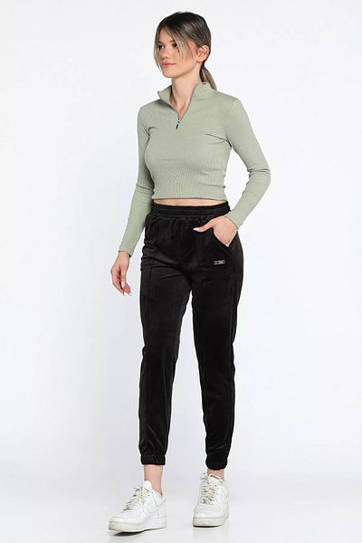 GÜLSELİ Black Women's Velvet Front Turned Leg Elastic Trousers