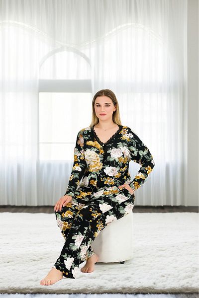 Truva XXL Plus Size Knotted Patterned Pajamas Set