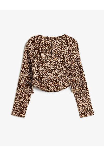 Koton Leopard Print Blouse Side Drawstring Tie Long Sleeve Crew Neck