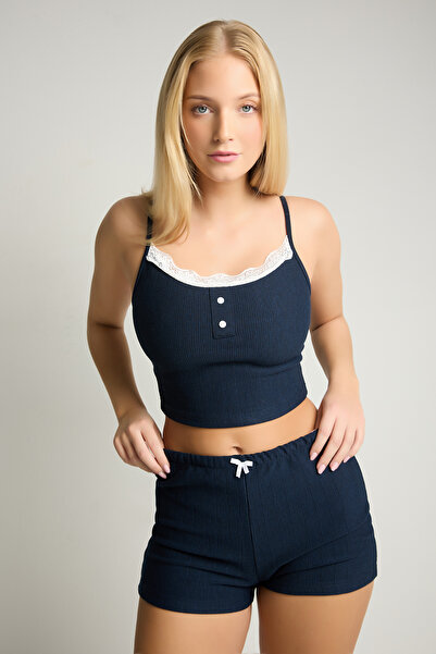 MY Wooft Σετ σορτς με μπλε ναυτικό λευκό γιακά με κορδέλα και πιτζάμες για το σπίτι