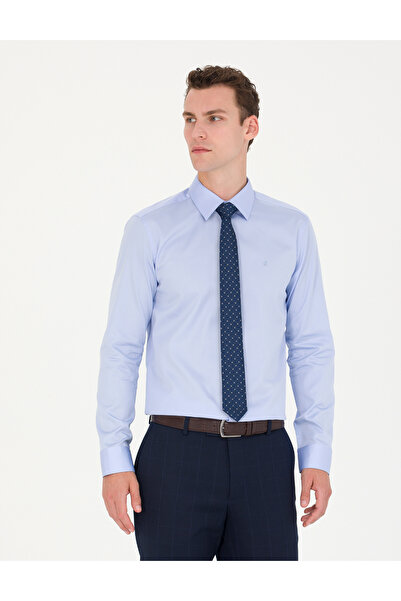 Pierre Cardin Koyu Mavi Parlak Saten Slim Fit Uzun Kollu Basic Gömlek 50277147-VR032