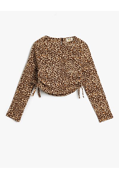 Koton Leopard Print Blouse Side Drawstring Tie Long Sleeve Crew Neck