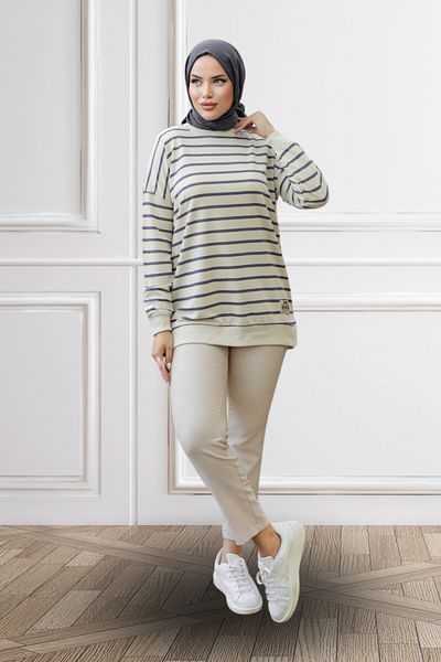 LumiDress Women's Hijab Clothing Navy Blue Striped Hijab Tunic Hijab Sweatshirt