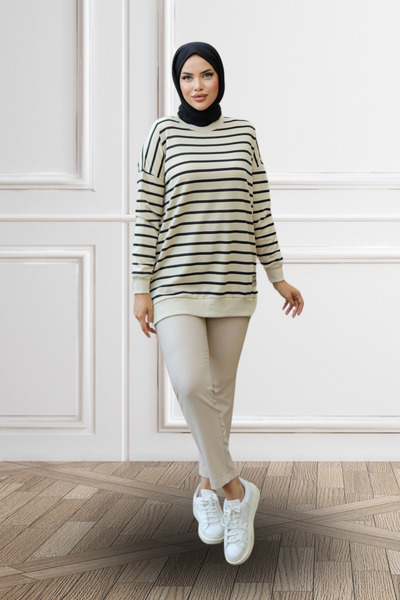 LumiDress Women's Hijab Clothing Black Striped Hijab Tunic Hijab Sweatshirt