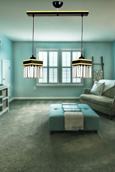 SONSUZ AYDINLATMA&AVİZE Infinite 2-Piece Black Pendant Lamp Row Crystal Stone Yellow Strip Square Downward Facing Luxury Chandelier