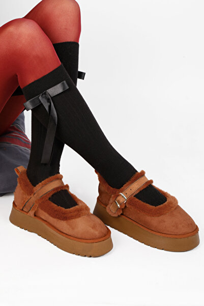 RENKLİBUTİK Women's Plush Ballet Shoes with Thick Sole Fur Inside