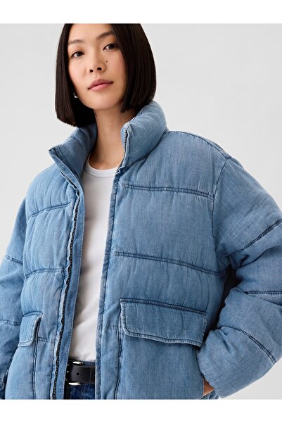 GAP Kadın Açık Mavi Oversize Denim Puffer Şişme Ceket