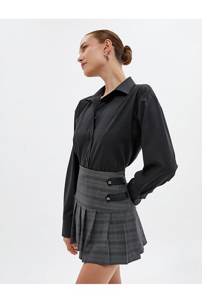 Koton Pleated Mini Skirt High Waist Leather Look and Button Detail