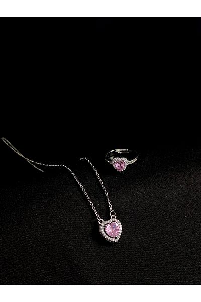 Tasarım Pink Heart Zircon Stone Steel Necklace Ring Bracelet Set
