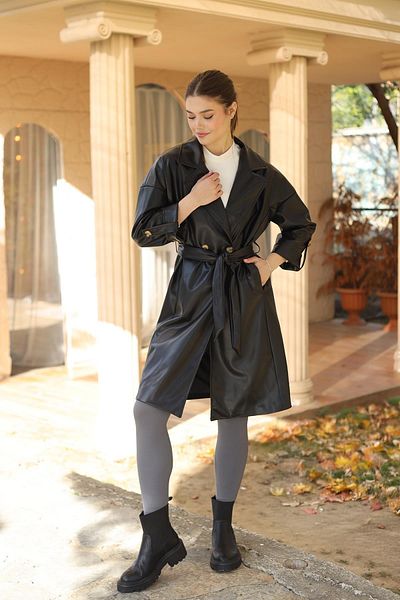 Rays 7327A Faux Leather Trench Coat with Button Detail Belt Black