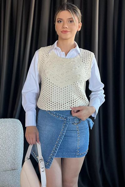 GÜLSELİ Stone Women's Crew Neck Openwork Embossed Pattern Knitwear Sweater