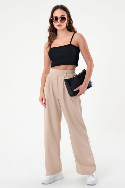 polle Women's Stone Double Button Palazzo Trousers
