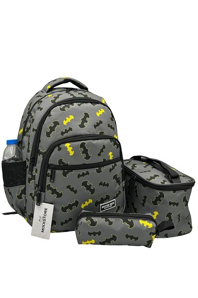 ms mixxstore Rucsac pentru școală primară pentru bărbați, cu model de lilieci, de culoare gri, cu hrănire și suport pentru stilou