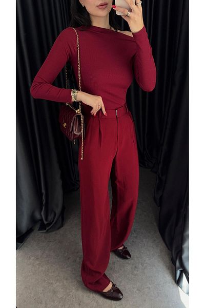 HAZELANNA Seasonal Burgundy Palazzo Trousers